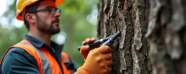 Expert arboriste effectuant l'inspection détaillée du tronc et de la structure d'un arbre potentiellement dangereux, utilisant des outils de diagnostic spécialisés dans un cadre urbain ou forestier