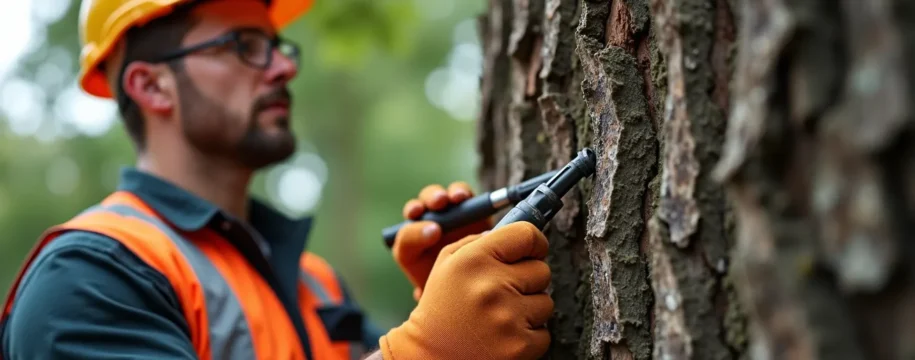 Expert arboriste effectuant l'inspection détaillée du tronc et de la structure d'un arbre potentiellement dangereux, utilisant des outils de diagnostic spécialisés dans un cadre urbain ou forestier