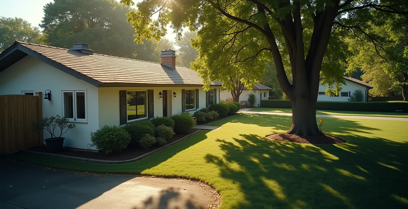 Représentation spatiale montrant la distance entre une habitation et un grand arbre, avec indication de la zone de chute potentielle et des risques de dommages structurels aux fondations