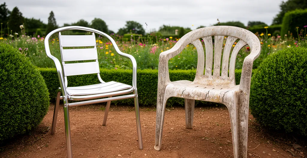 Comparaison entre chaise aluminium premium et chaise plastique usée dans un jardin français