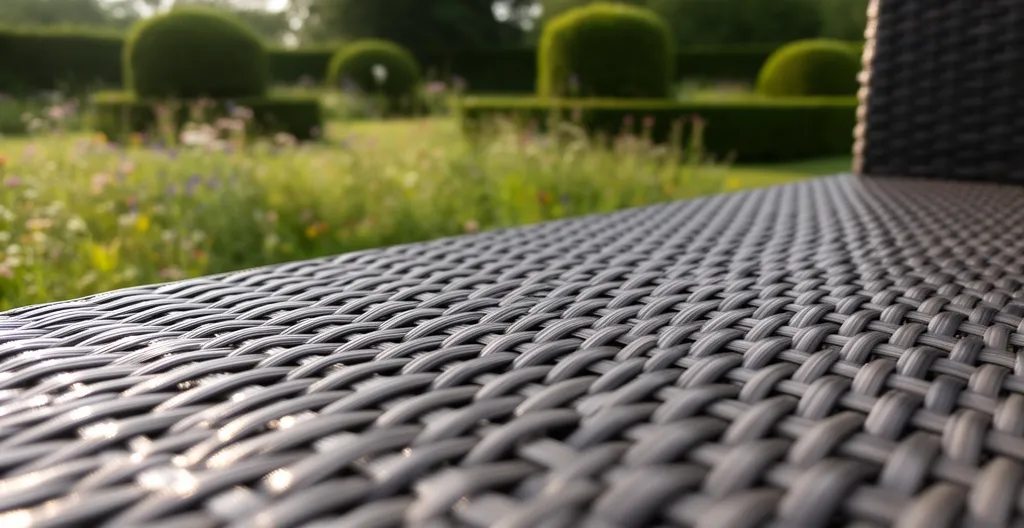 Détail de résine tressée haute densité sur mobilier de jardin premium