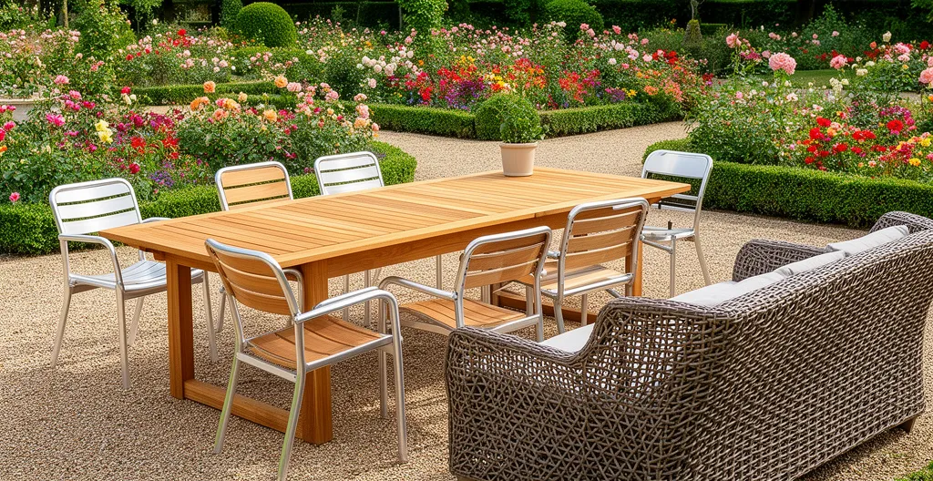 Variété de mobilier de jardin en teck, aluminium et résine tressée dans un jardin aménagé