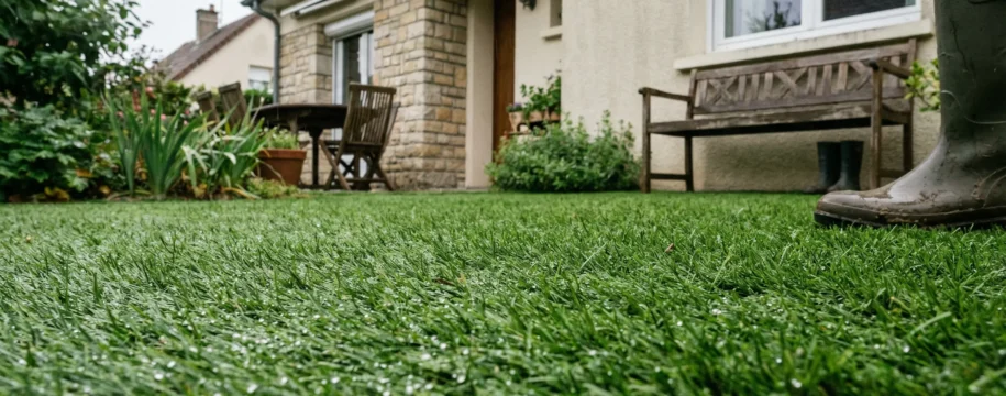 Gazon synthétique drainant parfaitement dans jardin français après la pluie