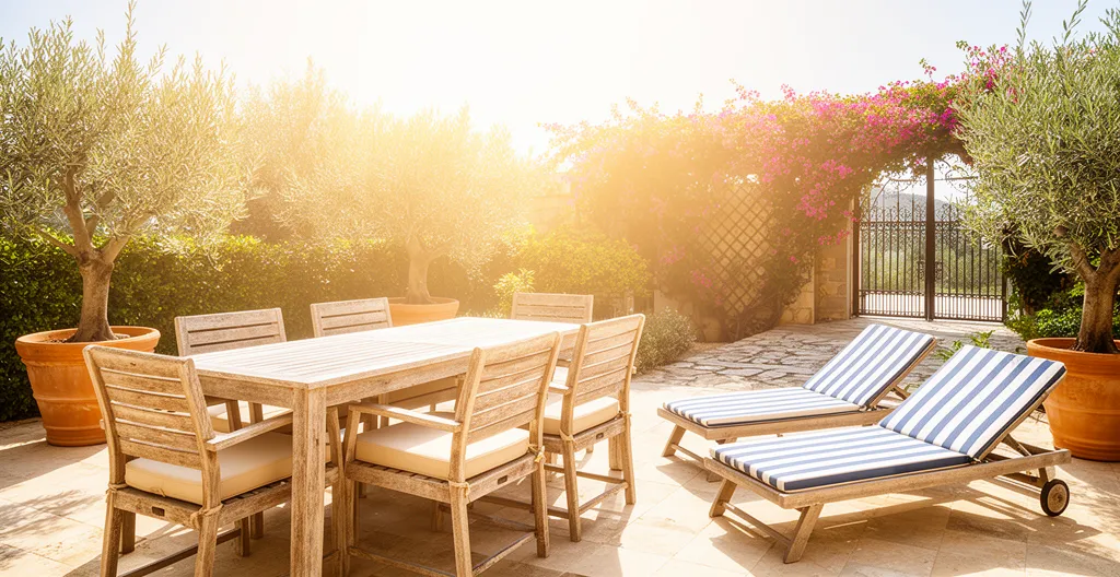 Salon de jardin exposé au soleil méditerranéen intense sur terrasse sud