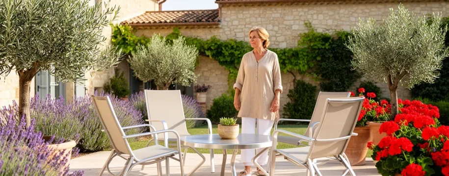 Salon de jardin aluminium haut de gamme installé sur terrasse méditerranéenne ensoleillée