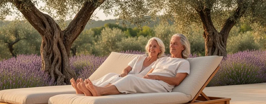 Couple profitant d'un salon de jardin haut de gamme sur terrasse méditerranéenne