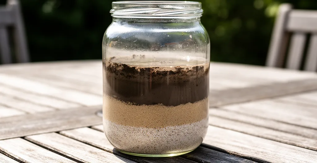 Bocal test de décantation montrant les couches sable-limon-argile pour diagnostic sol